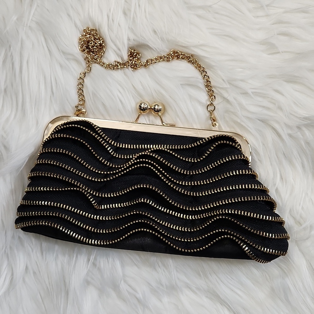 Susan Faris Black and Gold Vintage Evening Bag with Gold Chain